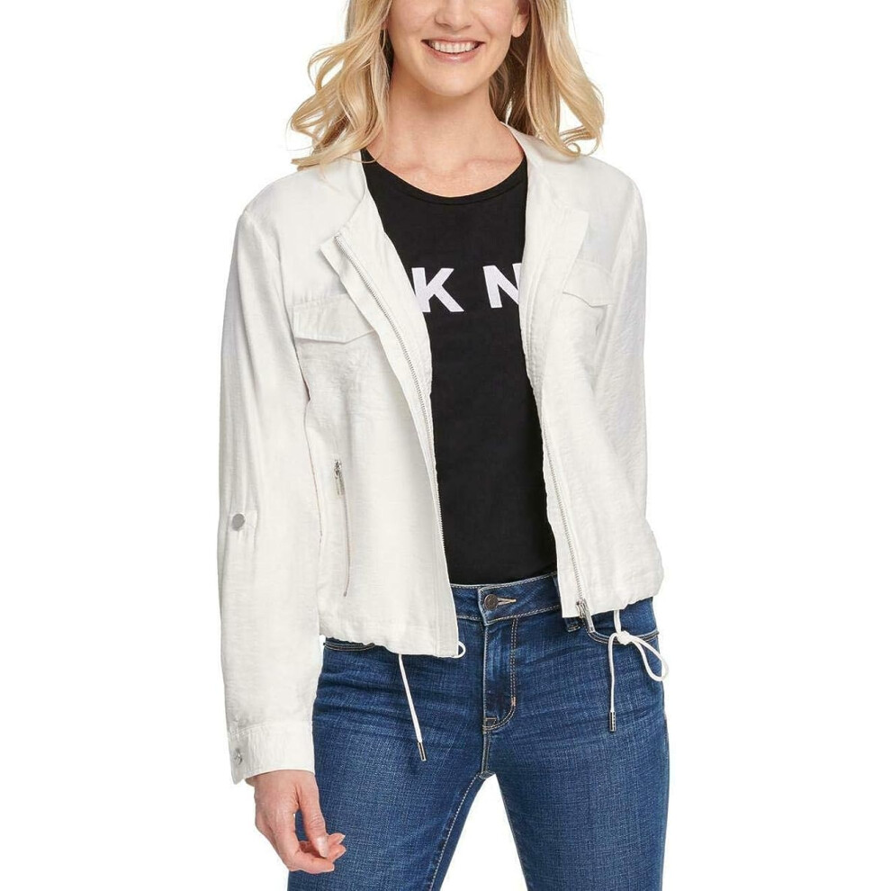 DKNY Women's Drawstring Zip-up Lightweight Jacket  White