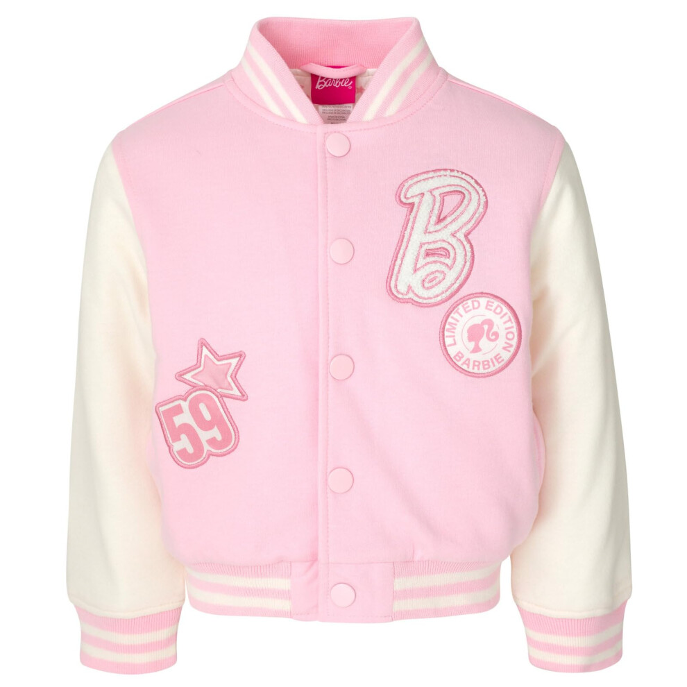 Barbie Big Girls French Terry Varsity Bomber Jacket Pink 10-12