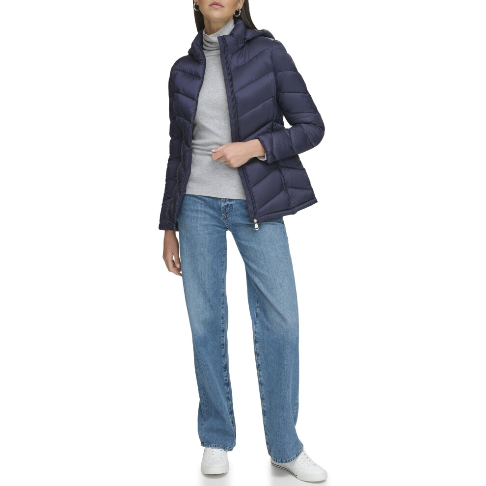 Calvin Klein Women's Light-Weight Hooded Puffer Jacket  Classic Blue