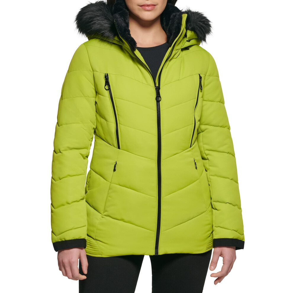 GUESS Women's Cold Weather Hooded Puffer Coat  Lime  Medium