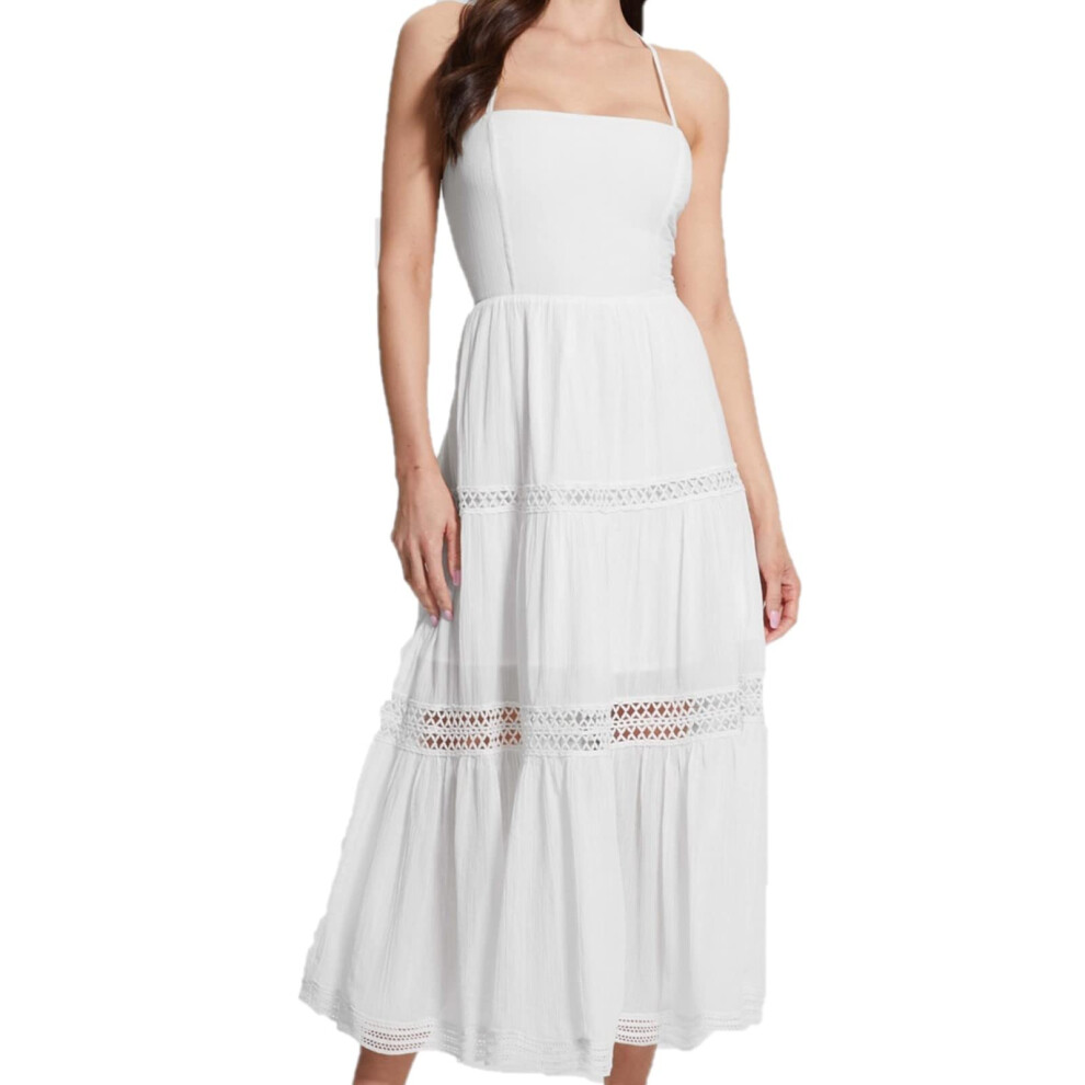 GUESS Women's Sleeveless Lace Up Long Safa Dress  Pure White