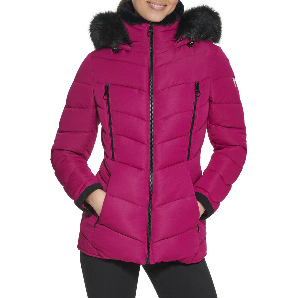 GUESS Women's Cold Weather Hooded Puffer Coat  Magenta