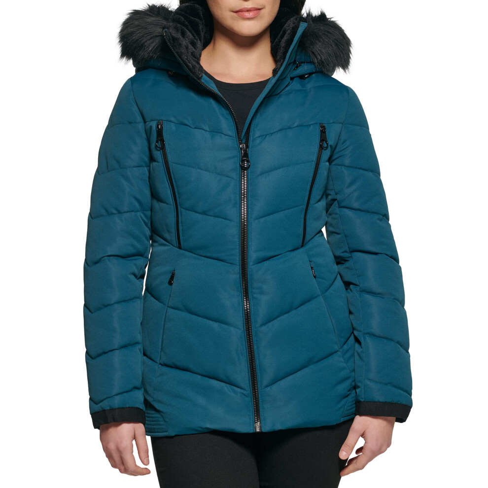 GUESS Women's Cold Weather Hooded Puffer Coat  Teal  Small