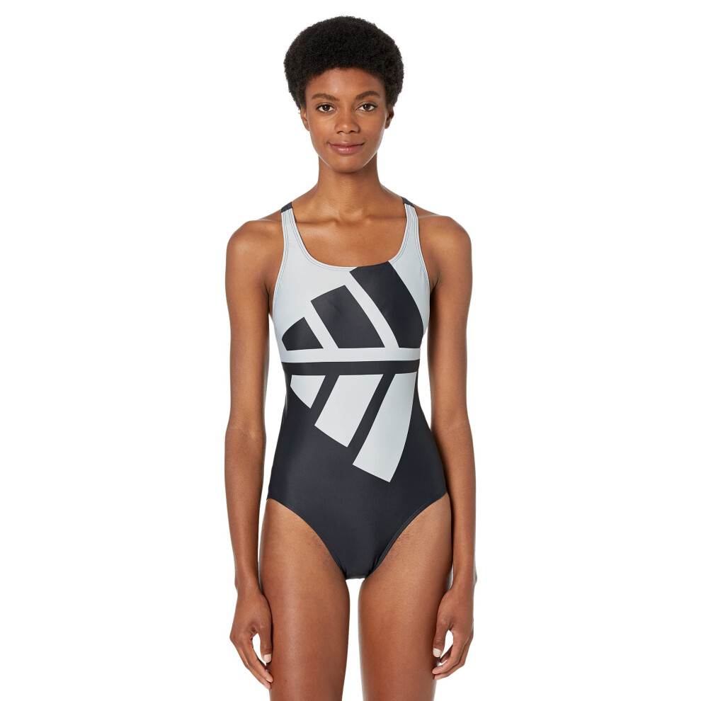 adidas Women's Standard 3-Stripes Graphic Swimsuit  Black/Halo Silver