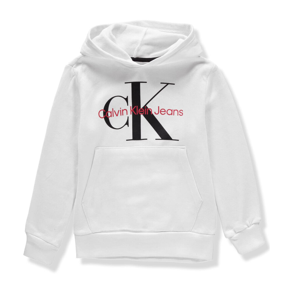 Calvin Klein Boys' Pullover Fleece Hoodie  Old School White  10-12