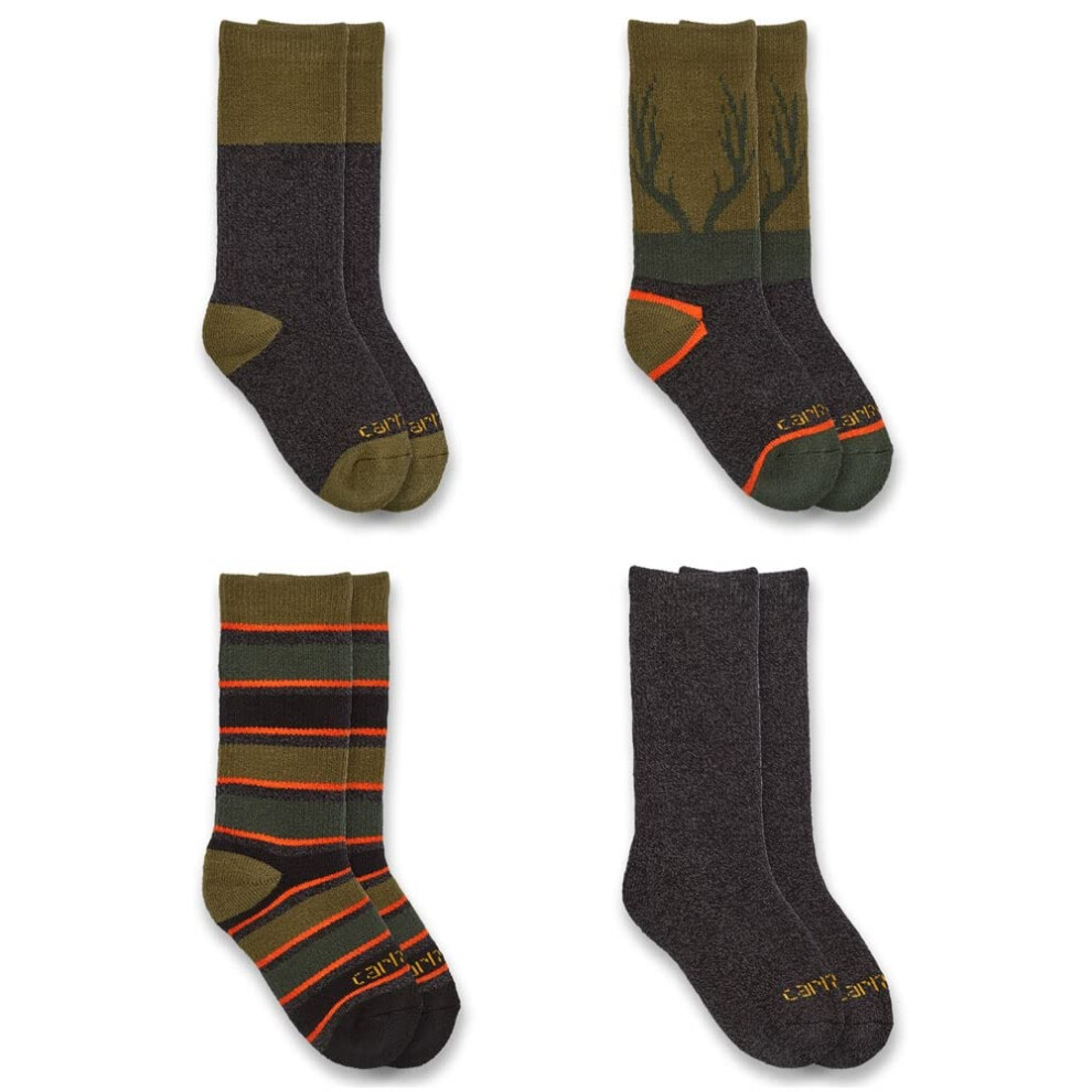 Carhartt Kids' Heavyweight Crew Sock 4 Pack  Assorted 1 Olive  Large