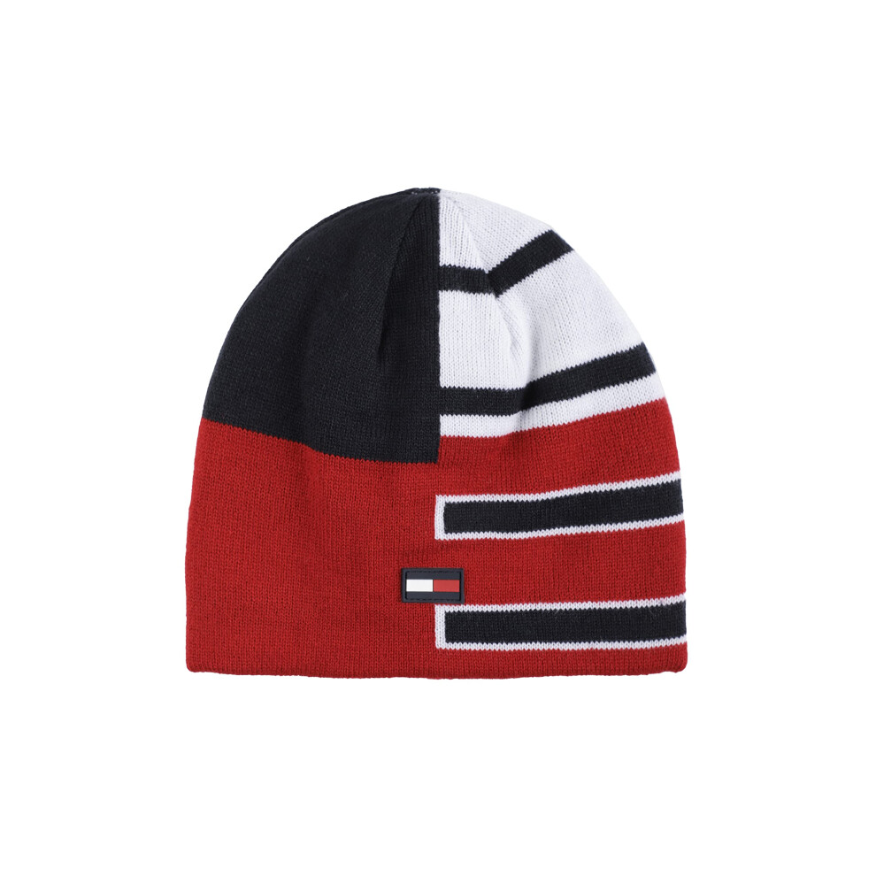 Tommy Hilfiger Boy's Patchwork Stripe Reversible Beanie  Scarlet Sage