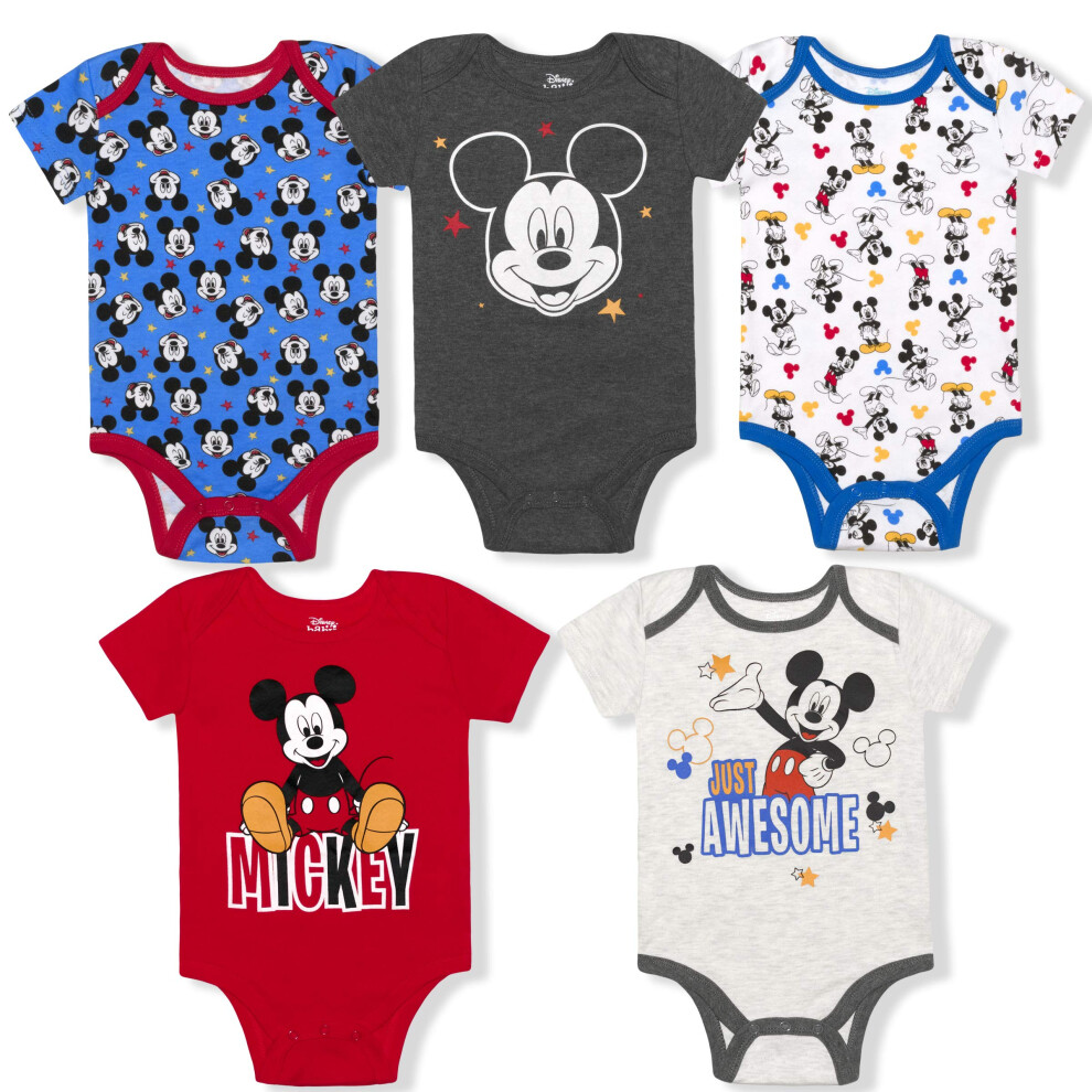 DISNEY Mickey Mouse Boys 5 Pack Bodysuits for Newborn and Infant - Blu