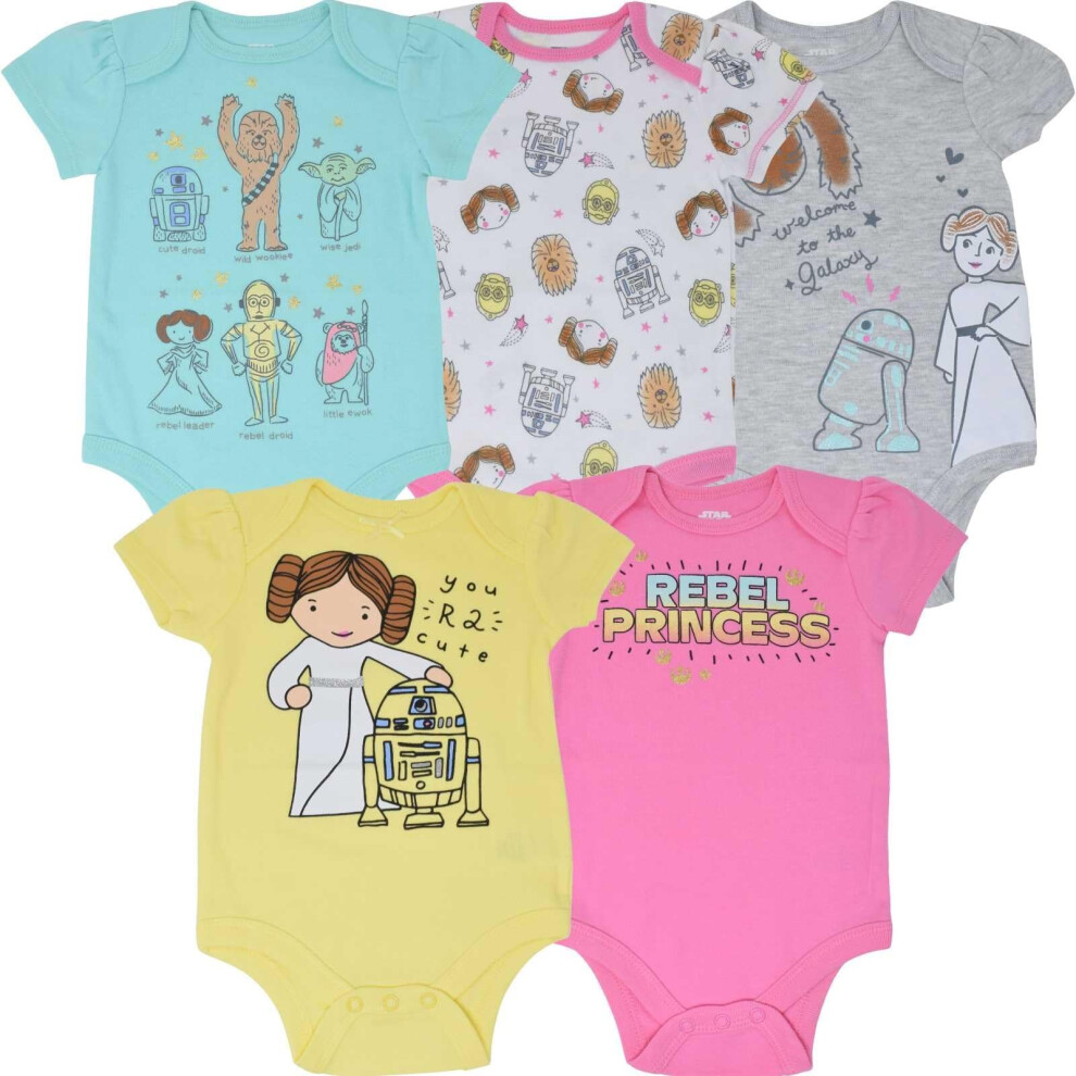 STAR WARS Baby Girls 5 Pack Bodysuits Princess Leia Yoda Chewbacca 24