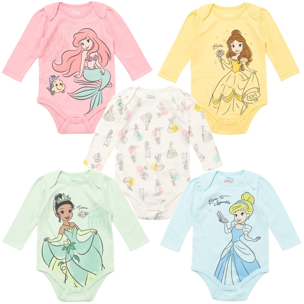 Disney Princess Ariel Belle Cinderella Newborn Baby Girls 5 Pack Bodys