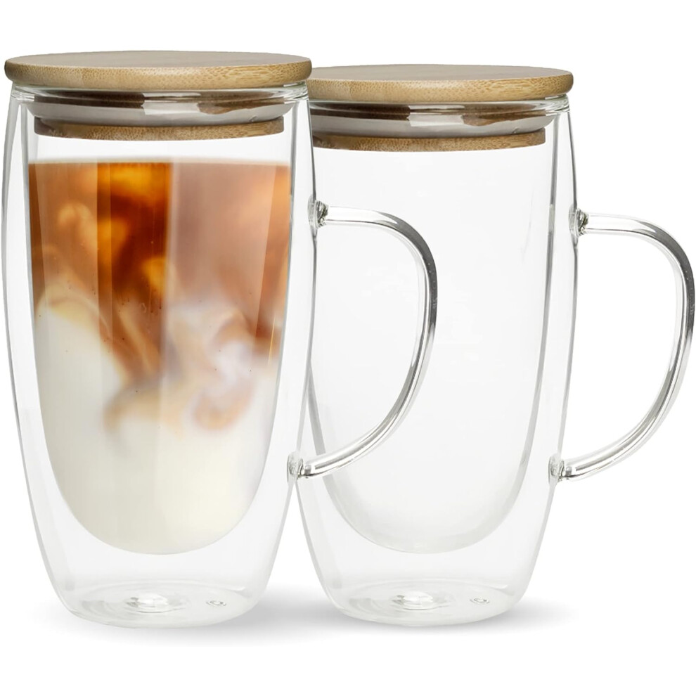 Double Walled Glass Coffee Mugs   Unique Insulated Coffee Mugs With Handle And Bamboo Lid , Clear Glass Cups For Coffee Tea Latte Cappuccino Espresso