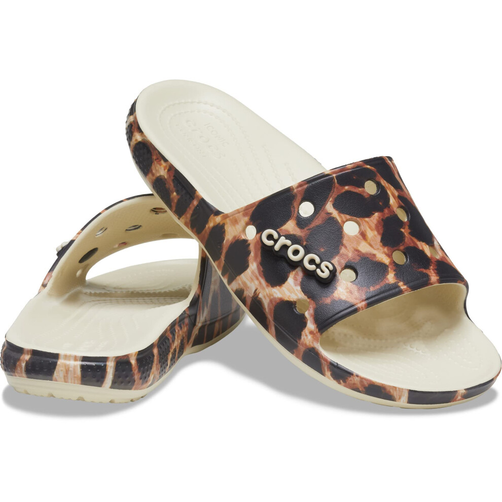 Crocs Unisex Classic Graphic Slide Sandals  Bone/Leopard Animal Remix