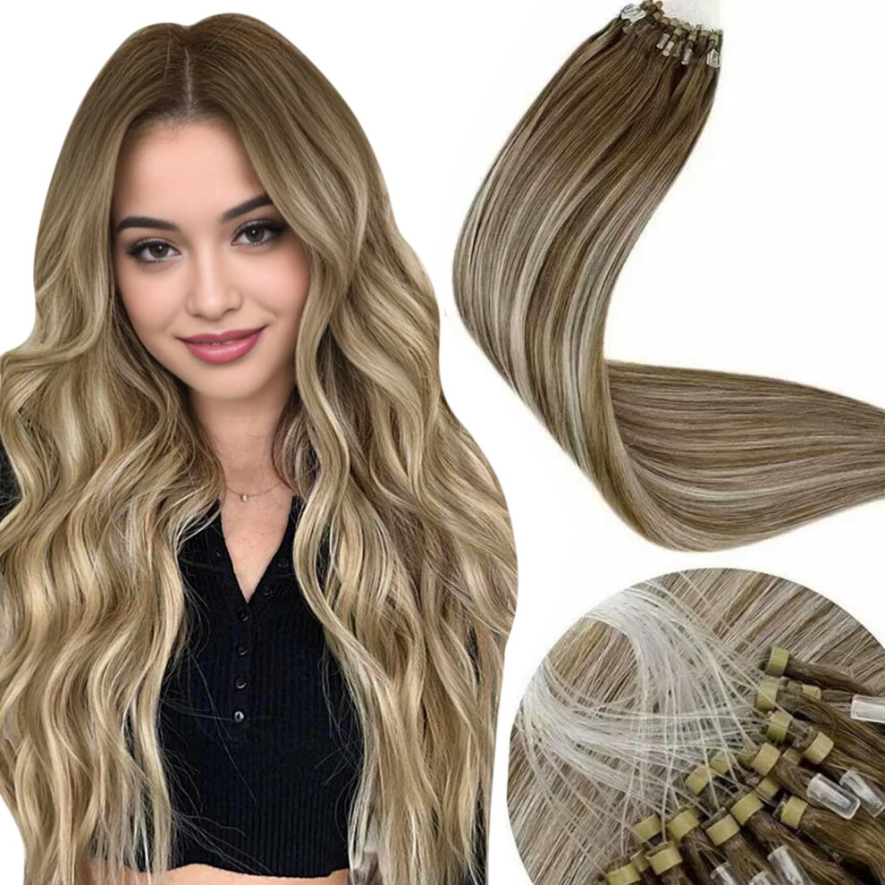 Laavoo Micro Loop Hair Extensions Real Human Hair Balayage Light Brown To Platinum Blonde Micro Link Hair Extensions Human Hair Brown 14" Micro Ring H
