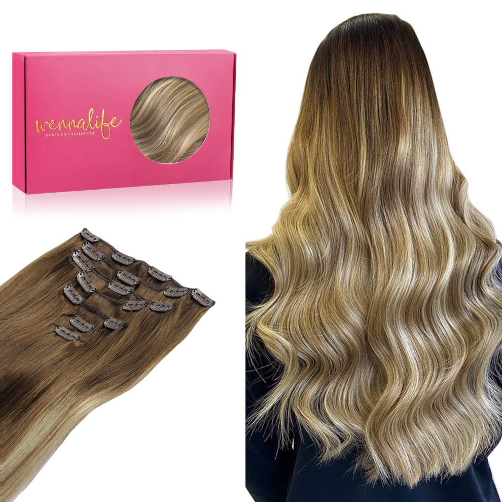 Wennalife Unisex Brown Clip In Human Hair Extensions 18 Inch 120G 7Pcs Ombre Walnut To Ash And Bleach Blonde Clip In Human Hair Remy Clip In Hair Exte