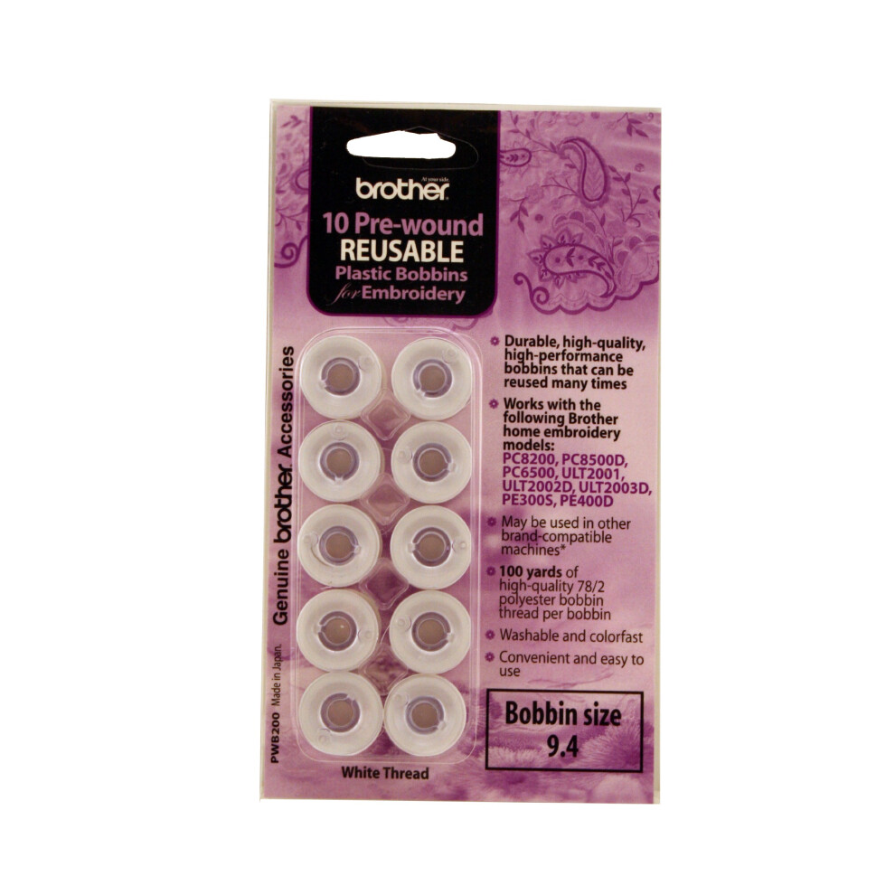 Brother PWB200 Prewound Embroidery Bobbin Thread 10 Piece  White