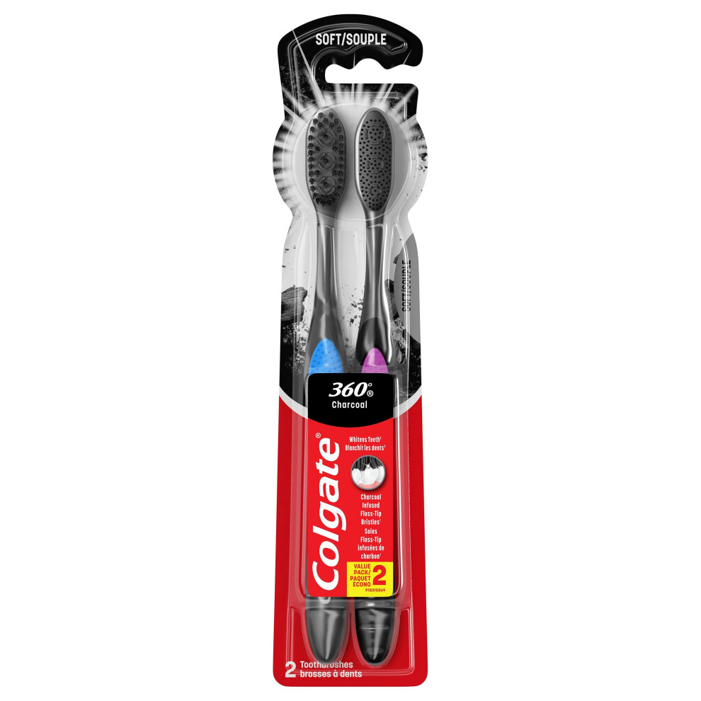 Colgate 360 Charcoal Toothbrush  Adult Soft Toothbrushes  2 Pack