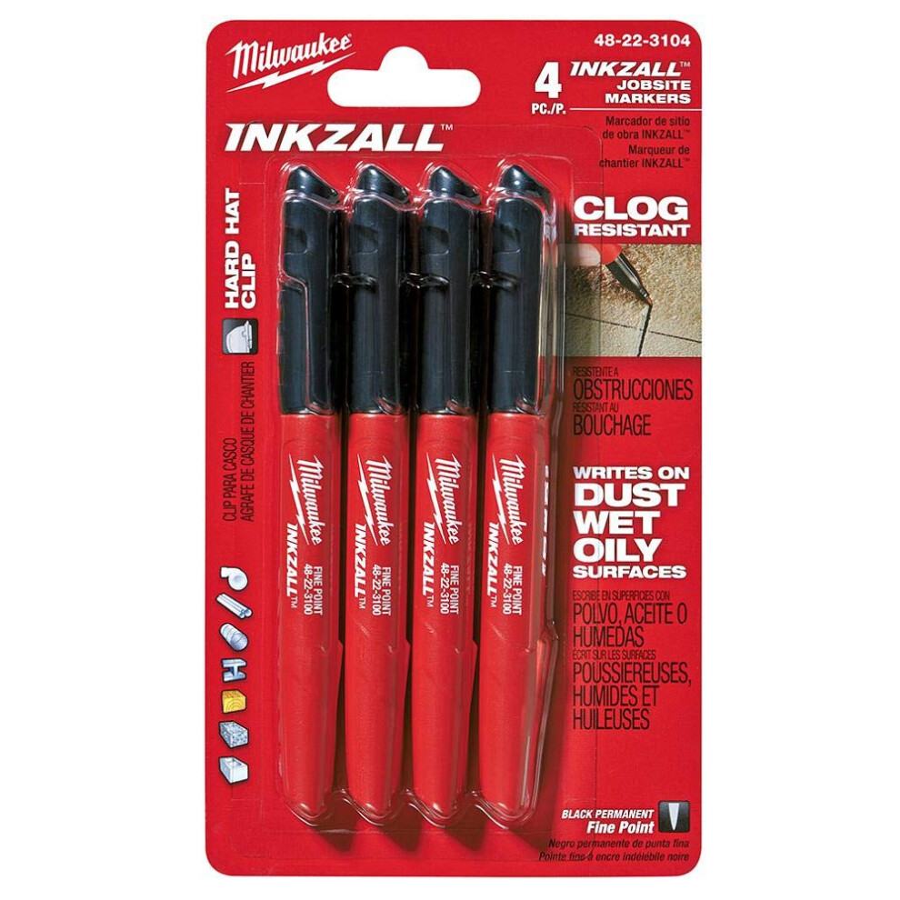 Milwaukee 48-22-3104 Inkzall Point Marker  Fine  Black  4-Pack