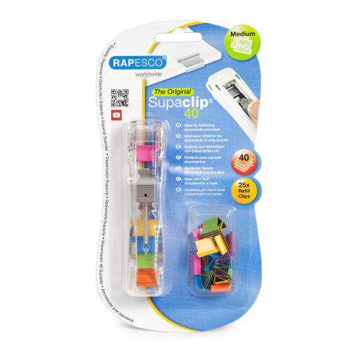 Rapesco Supaclip #40 Dispenser with 25 Multicoloured Refill Clips (RC4