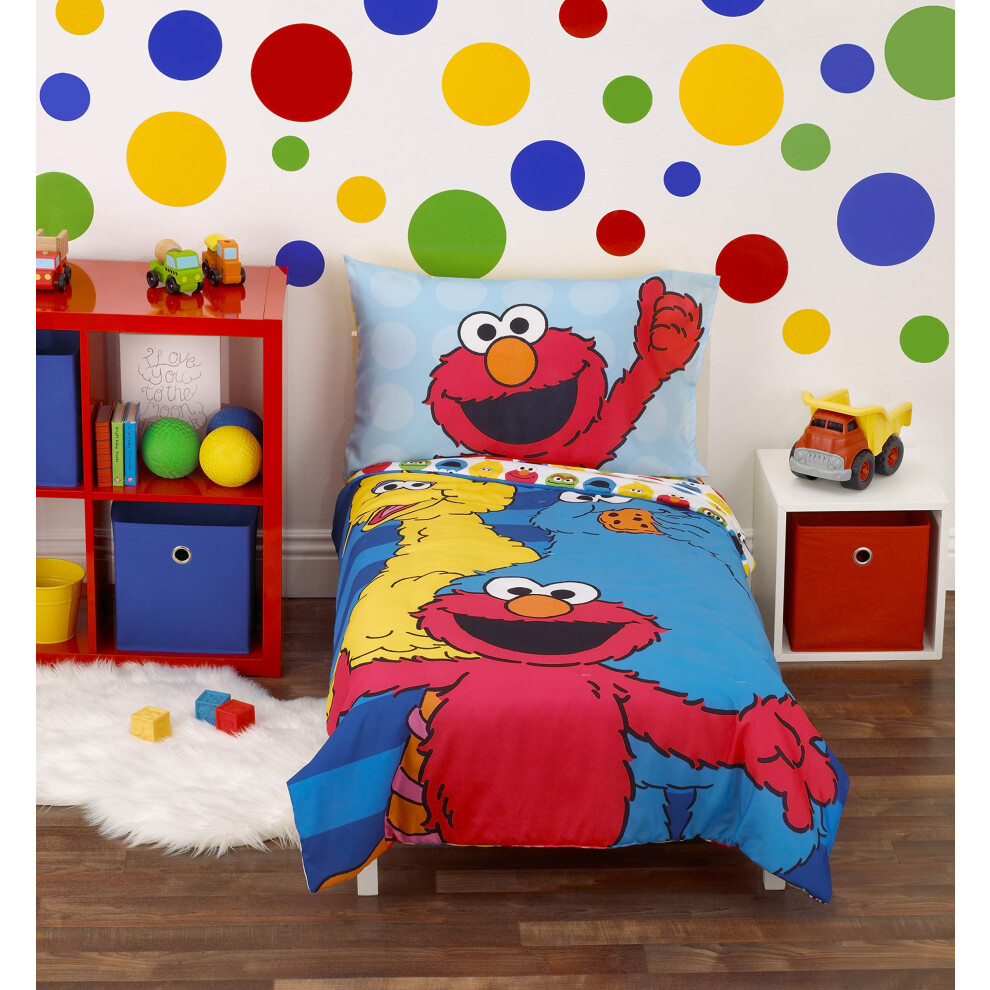 Sesame Street Best Friends Blue  Red  Yellow 4 Piece Toddler Bed Set -