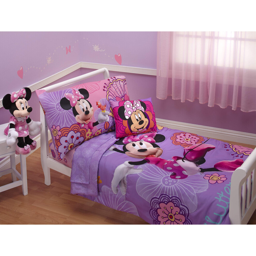 Disney 4 Piece Minnie's Fluttery Friends Toddler Bedding Set  Lavender