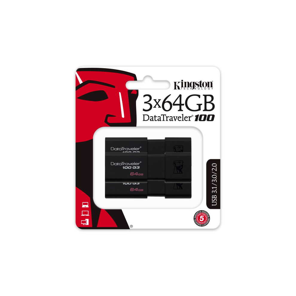 Kingston 64GB USB 3.0 Black DataTraveler 100 G3 3 Pack DT100G3/64GB-3P