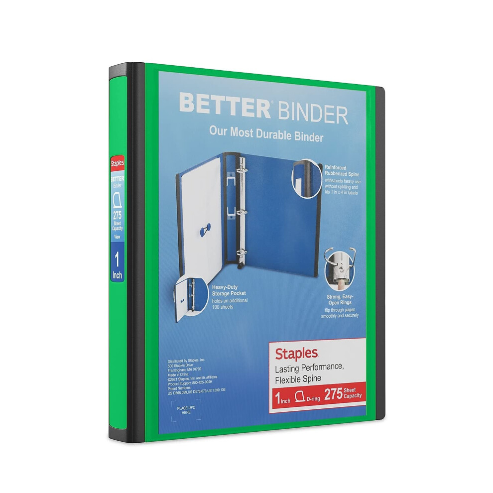 STAPLES 827602 Better 1-Inch D 3-Ring View Binder Green (19063)