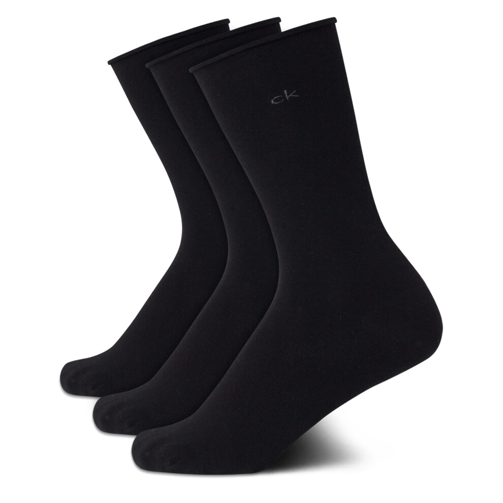 Calvin Klein Women's 3 Pack Cotton Roll Top Crew Socks  Black  6-9.5