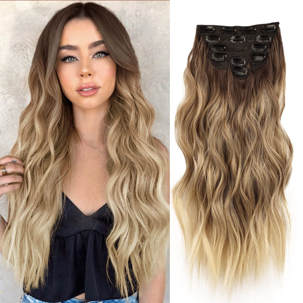 Nayoo Unisex Brown Clip In Hair Extensions For Women 20 Inch Long Wavy Curly Ombre To Blonde Hair Extension Full Head Synthetic Hair Extension Hairpieces(6Pc