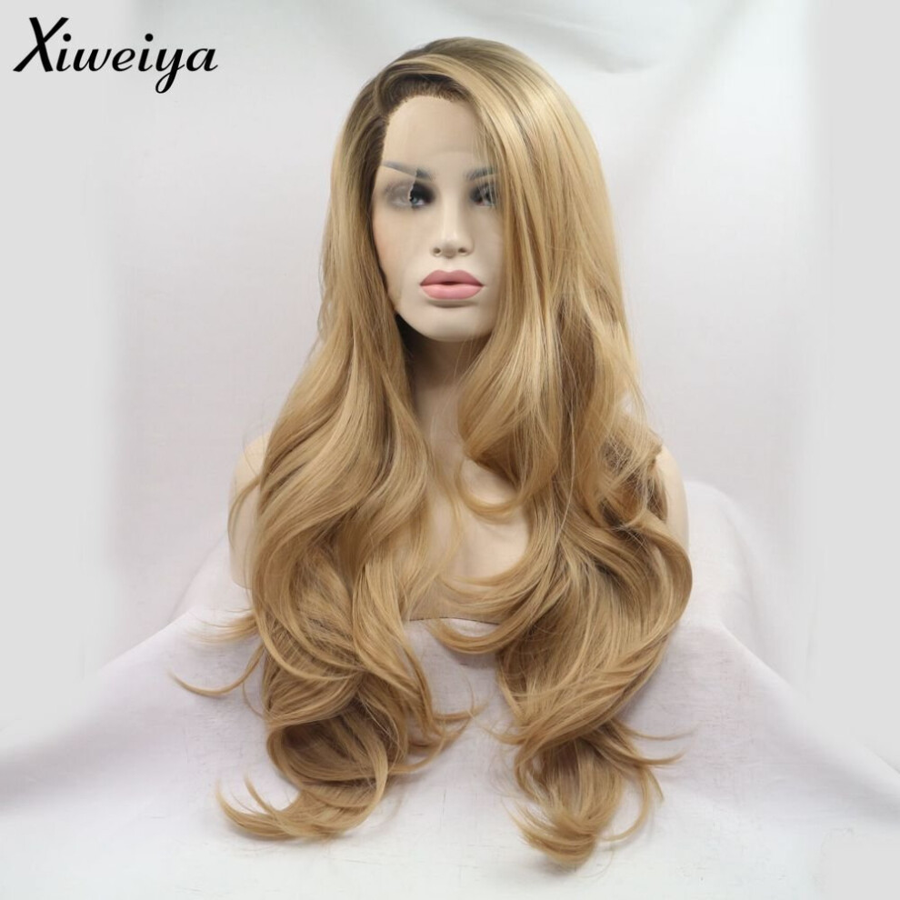 Xiweiya Long Natural Wave Ombre Brown Blonde Synthetic Lace Front Wigs