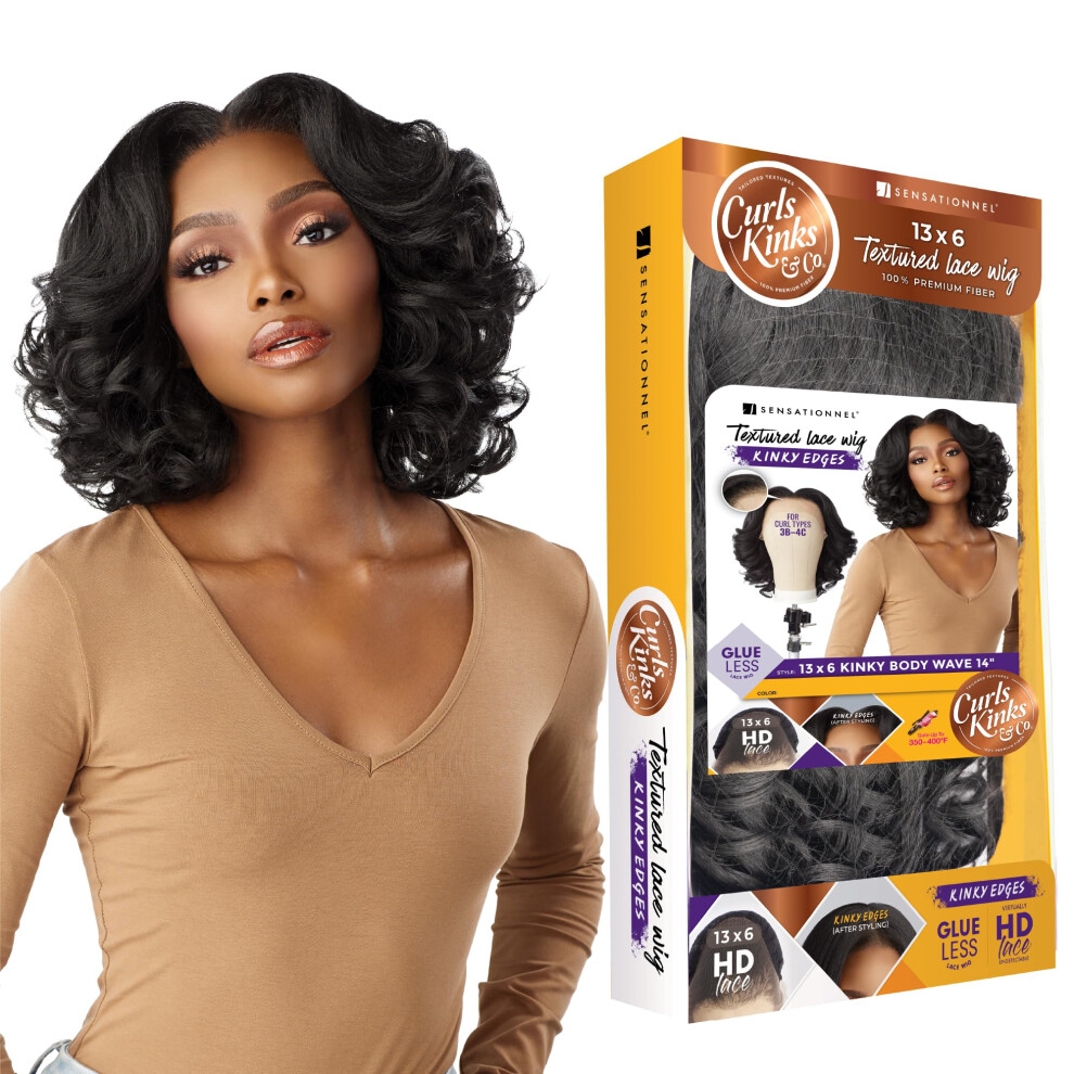 Sensationnel Kinky Edge Lace Wig - 14 Zoll Kinky Edge Body Wave, Glueless, Synthetisch, HL280/44, Perfekt FüR Jeden Anlass-image