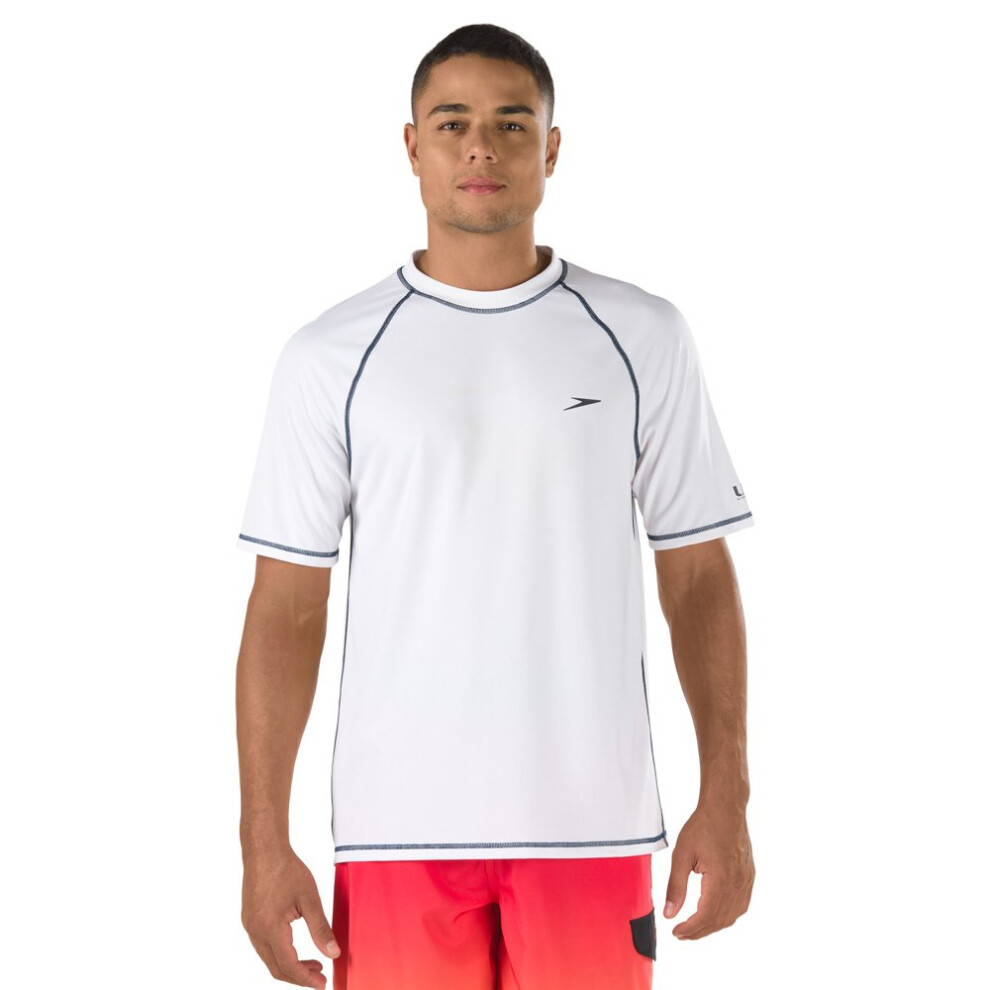 Speedo Men's Uv Swim Shirt Short Sleeve Loose Fit Easy Tee  White  Uv