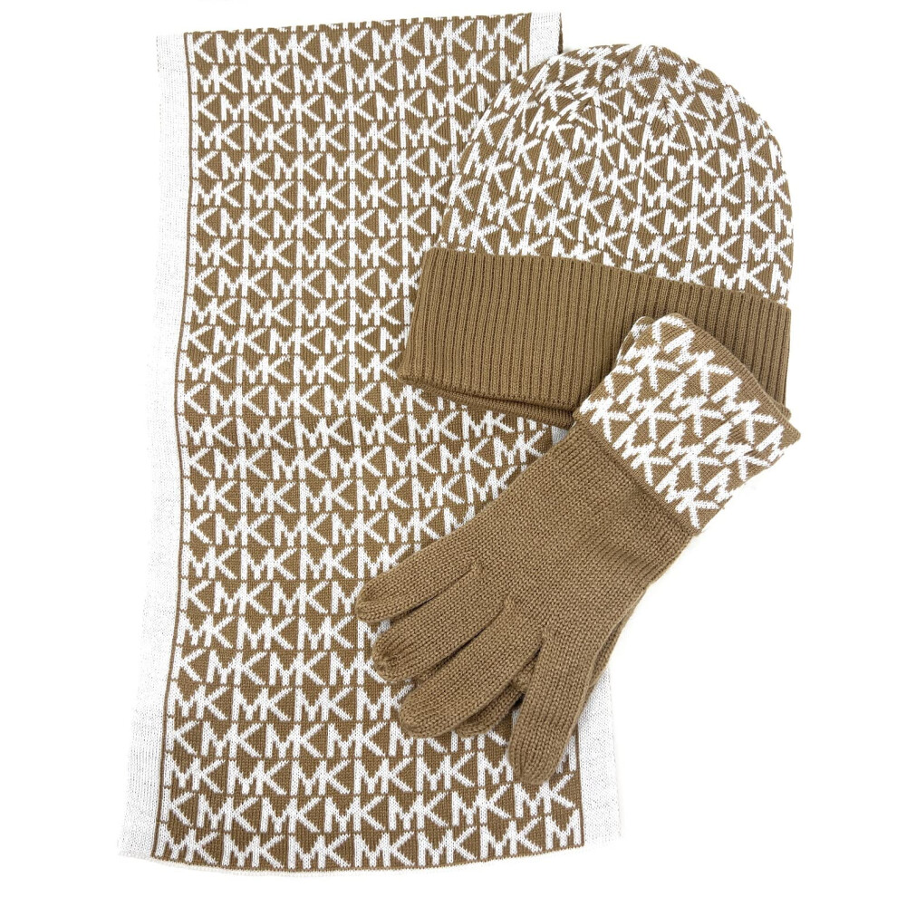 Michael Kors Women's Circle Logo Scarf  Hat  Glove Set  Camel/Cream