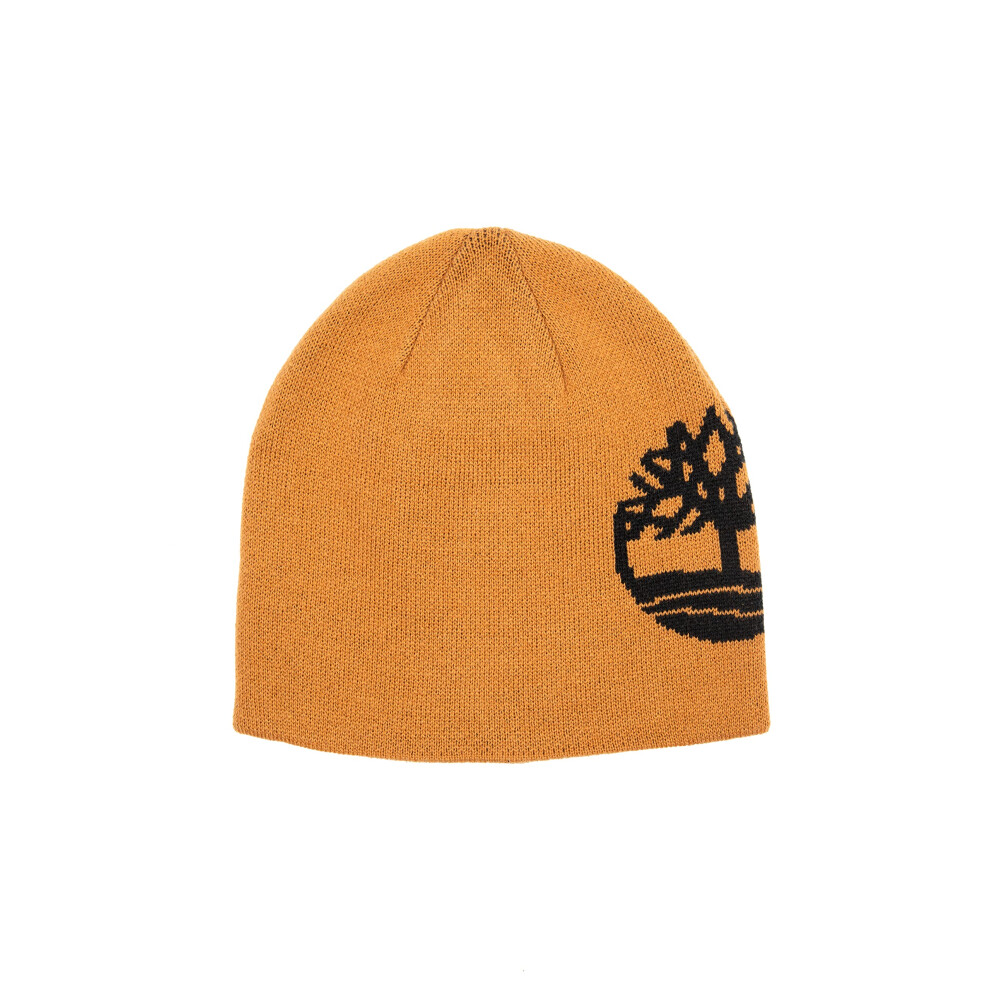 Timberland Men's Reversible Logo Jacquard Beanie  Wheat/Black  One Siz