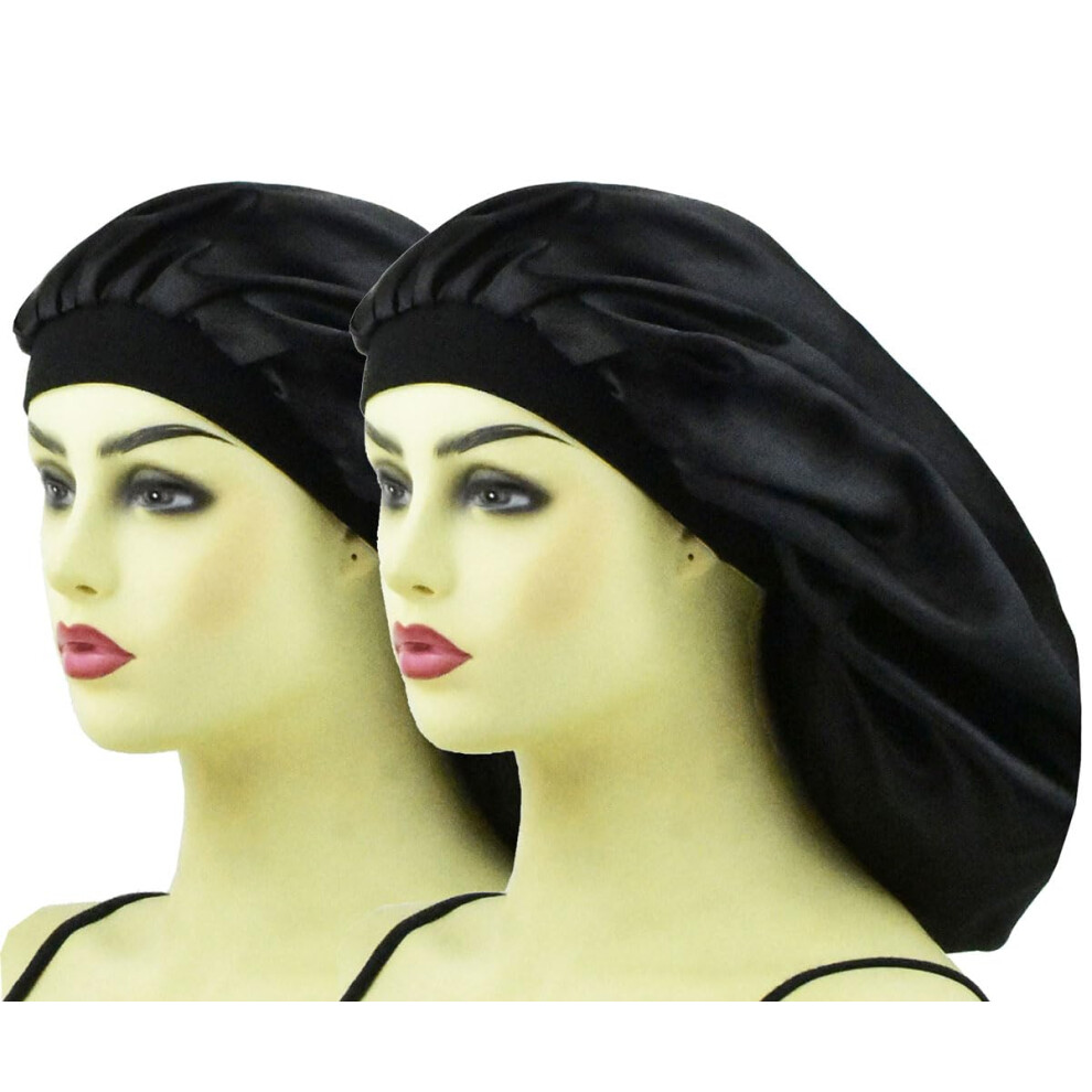 Cocosilk Satin Bonnets For Braids Silk Bonnet For Long Hair Covers Women Xl Large Silk Hair Bonnets Sleeping Bonnets Sleep Shower Cap (Black 2 Pack)