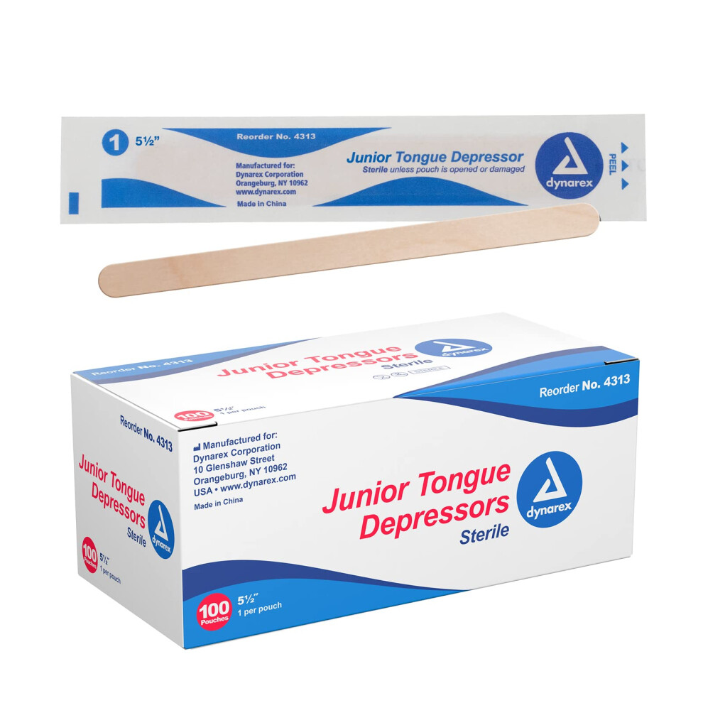 Dynarex Tongue Depressors  Sterile  5.5"""" Junior-Sized Length  Made from Beige Birch Wood  Comes in Peel-Down Patches  1 Box of 100