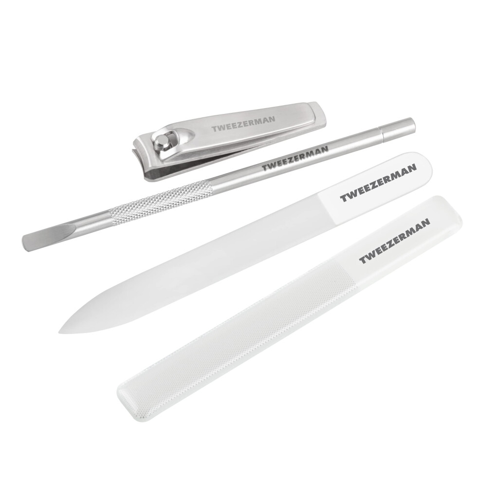 Tweezerman Glass Manicure Set Includes Nail Clipper  Cuticle Pusher  Glass Nail File  and Glass Nail Buffer