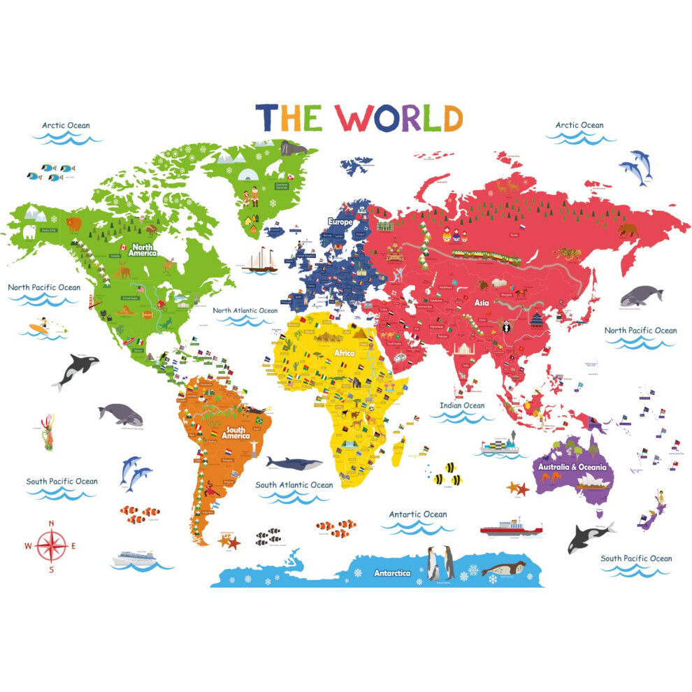 Decowall Dl3-2212 Xlarge World Map Kids Wall Stickers (59X40 Inch) Dec