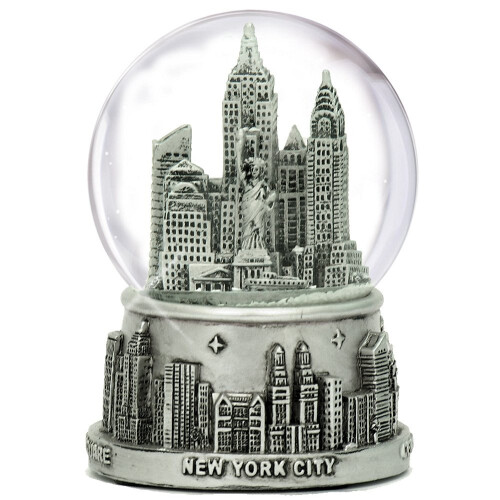 3.5in Silver-Lined New York City Snow Globe, 65mm Waterball, NYC Icons in Color, Silver Base WG199