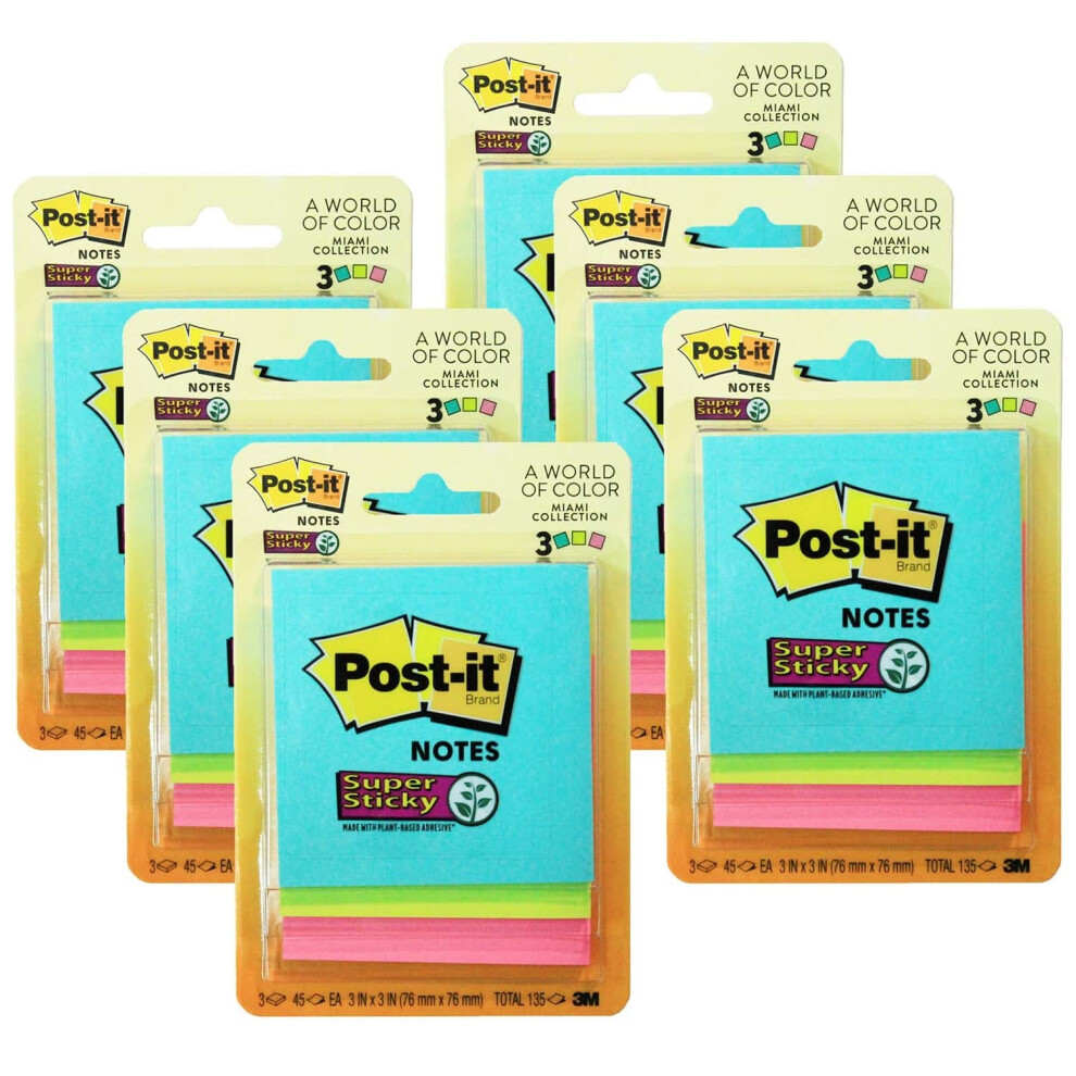 Super Sticky Notes 3"""" X 3"""" Collezione Miami 3 Blocchi/Confezione Da 6 Confezioni