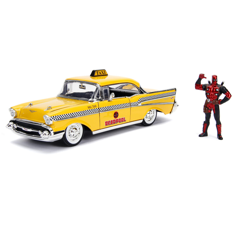 Jada 1957 Chevrolet Bel Air Taxi Yellow with Deadpool Die-cast Figure