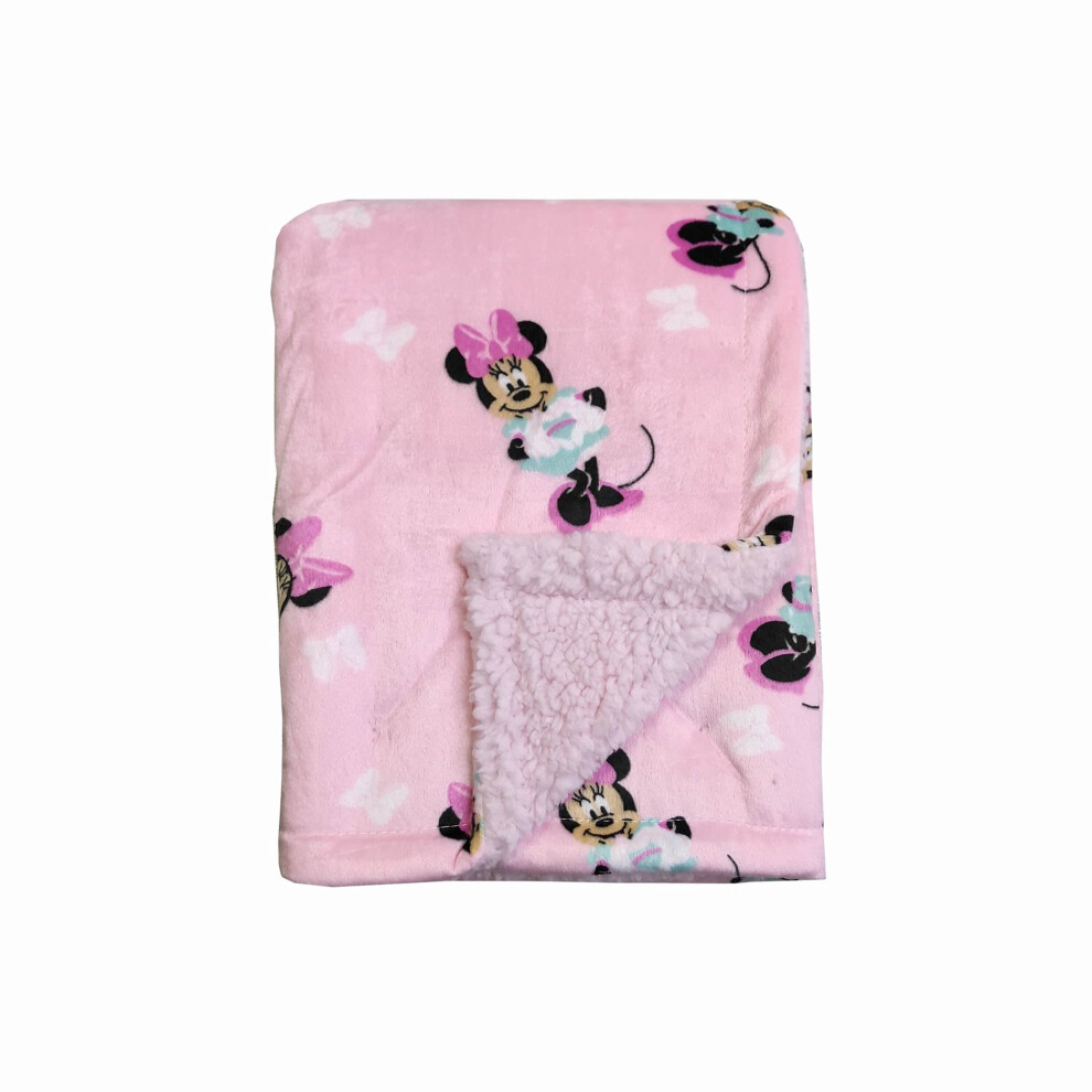 Disney Cudlie Baby Girl Minnie Mouse MNK/Sherpa Blanket with Lovely Bo