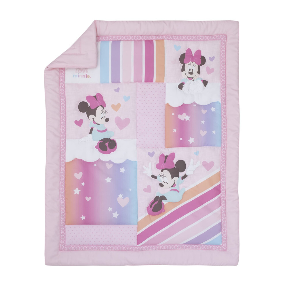 Disney Minnie Mouse Be Happy Pink Rainbow  Stars  and Clouds 3 Piece N