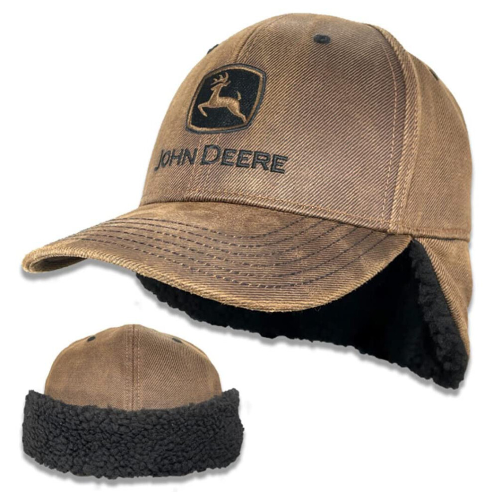 John Deere Brown Oiled Cotton Twill Sherpa Lined Flap Cap Hat