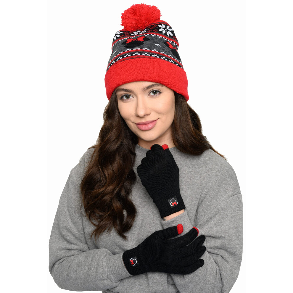 Disney Minnie Mouse Womens Knit Beanie Hat and Texting Glove Set (Red)