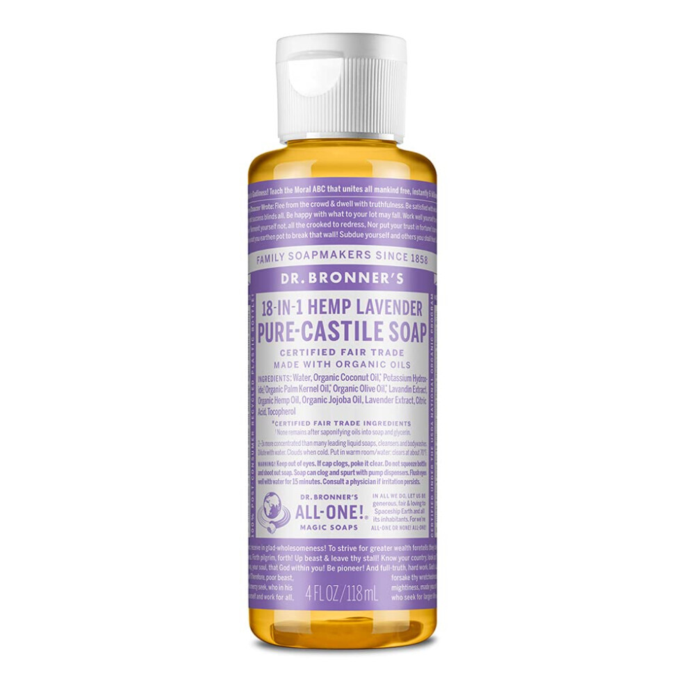 Dr. Bronner's - Pure-Castile Liquid Soap (Lavender  4 ounce) - Made with Organic Oils  18-in-1 Uses: Face  Body  Hair  Laundry  Pets and Dis