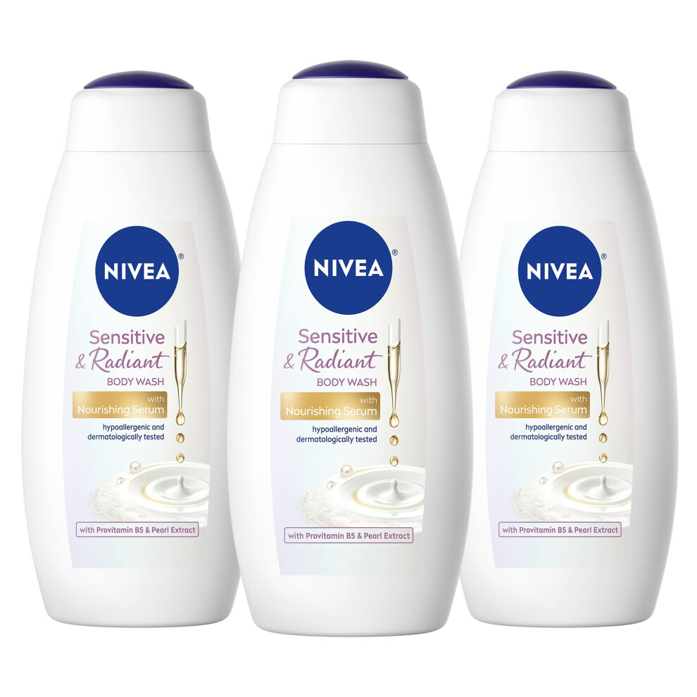 NIVEA Sensitive and Radiant Body Wash with Nourishing Serum  Provitamin B5 and Pearl Extract  20 Fl Oz Bottles  3 Count (Pack of 1)