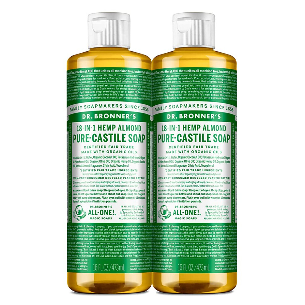 Dr. Bronner's - Pure-Castile Liquid Soap (Almond  16 ounce  2-Pack) - Made with Organic Oils  18-in-1 Uses: Face  Body  Hair  Laundry  Pets