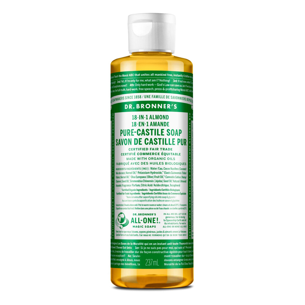 Dr. Bronner's - Pure-Castile Liquid Soap (Almond  8 ounce) - Made with Organic Oils  18-in-1 Uses: Face  Body  Hair  Laundry  Pets and Dishe