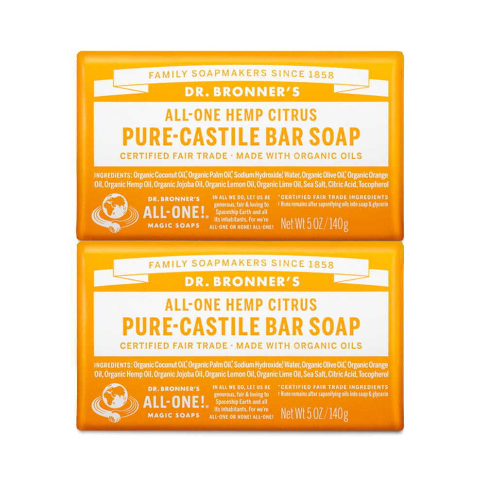 Dr. Bronner's - Pure-Castile Bar Soap (Citrus  5 ounce  2-Pack) - Made with Organic Oils  For Face  Body and Hair  Gentle and Moisturizing