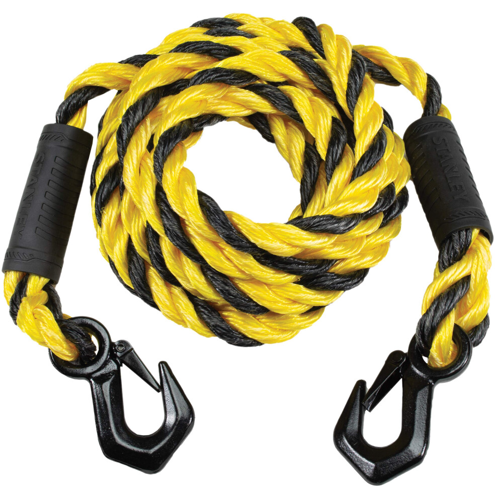 STANLEY S1052 Black/Yellow 5/8"" x 15' Poly-Blend Braided Tow Rope with Heavy Duty Black Tri-Hooks - 2 400 lb Safe Working Load / 7 200 lb B